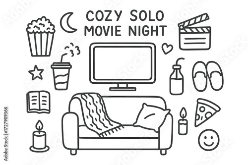 Cozy Movie Night Icons. Hand-drawn doodle illustration Cozy solo movie night [popcorn, soda, blanket, couch, pillow, TV screen, book, candle, star, moon,