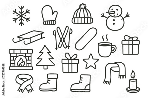 Winter Holiday Doodles. Hand-drawn doodle illustration winter holiday snowflake, mitten, wool hat, snowman, sled, ski, snowboard, hot cocoa cup, fireplace,