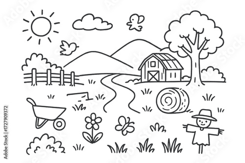 Countryside Doodle Scene. Hand-drawn doodle illustration [Serene countryside fields] [fence, tree, hill, flower, butterfly, grass, sun, cloud, hay bale, barn,