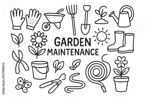 Garden Tool Doodles. Hand-drawn doodle illustration Garden maintenance with gloves gloves, wheelbarrow, rake, shovel, watering can, boots, pruning shears,