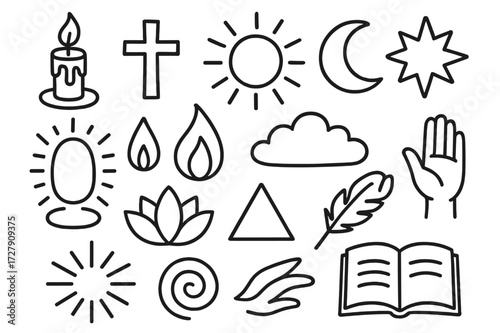 Doodle Symbol Collection. Hand-drawn doodle illustration divine light candle, cross, sun, moon, star, aura, flame, cloud, hand, lotus flower, spiral, triangle,