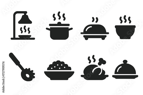 Black Hot Food Icons. Solid, filled icon set of hot food service: heat lamp, soup pot, warming tray, stew bowl, pasta server, risotto dish, roasted meat plate,