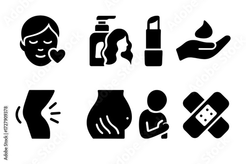 Shea Butter Icon Set. Solid, filled icon set of shea butter uses: skin moisturizer, hair conditioner, lip balm, massage cream, anti-inflammatory, stretch mark