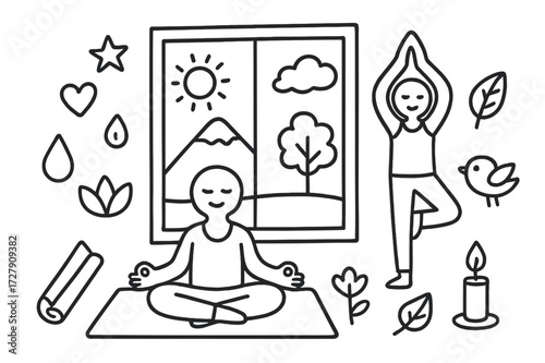 Yoga Pose Doodle. Hand-drawn doodle illustration a person performing yoga poses in front of a window with a beautiful view yoga mat, lotus pose, tree pose,