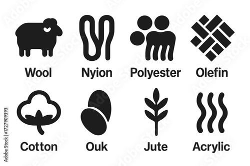 Carpet Material Icons. Solid, filled icon set of carpet materials: wool, nylon, polyester, olefin, cotton, silk, jute, acrylic. Solid, filled icons in only