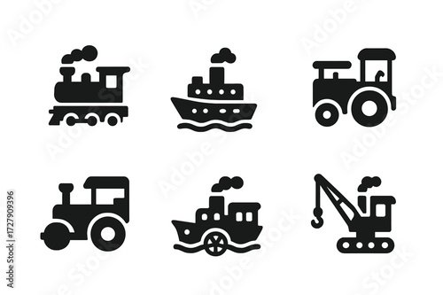 Steam Vehicles Icons. Solid, filled icon set of steam vehicles and transport: steam locomotive, steam ship, steam tractor, steamroller, steam wagon, paddle