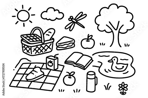 Picnic Doodle Scene. Hand-drawn doodle illustration [Picnic at the pond] [picnic basket, sandwich, juice box, blanket, apple, book, sun, tree, flower, cloud,