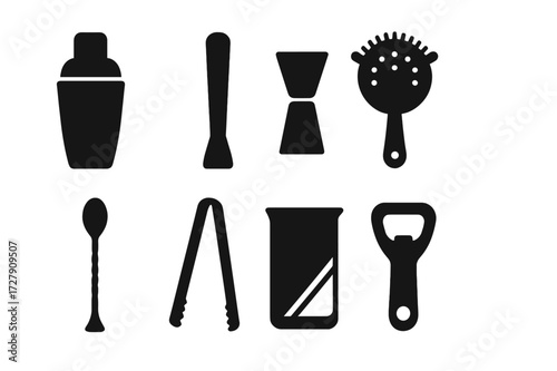 Bartender Tools Icons. Solid, filled icon set of bartender tools: cocktail shaker, muddler, jigger, strainer, bar spoon, ice tongs, mixing glass, bottle