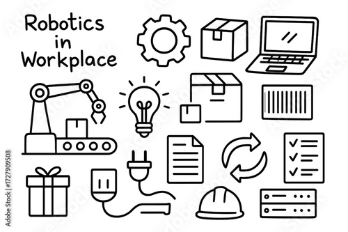 Workplace Robotics Doodle. Hand-drawn doodle illustration Robotics in workplace robot arm, conveyor belt, gear, box, laptop, barcode, light bulb, package,