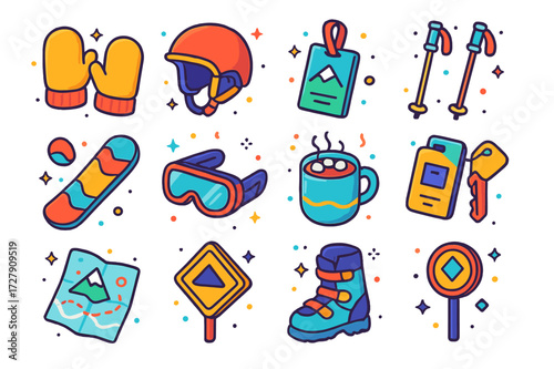 Ski Resort Essentials. Colorful isometric vector icons set of Ski Resort Essentials: insulated mittens, ski helmet, lift pass, ski poles, snowboard, ski