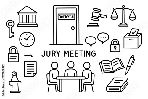 Jury Meeting Icons. Hand-drawn doodle illustration Confidential jury meeting closed door, key, courthouse, gavel, scales of justice, ballot, lock, table,