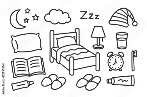 Bedtime Doodle Icons. Hand-drawn doodle illustration Bedtime routine bed, pillow, blanket, book, lamp, alarm clock, slippers, toothbrush, toothpaste, nightcap,