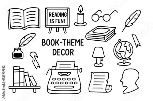Bookworm Doodle Decor. Hand-drawn doodle illustration Book-themed decor [open book, quote board, candle, feather pen, vintage book, reading glasses, bookmark,