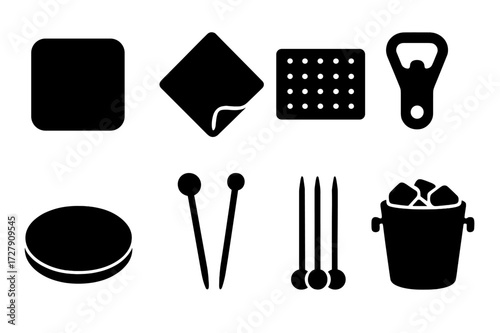 Mojito Bar Icons. Solid, filled icon set of mojito bar accessories: coaster, cocktail napkin, bar mat, bottle opener, serving tray, stirrer, cocktail picks,