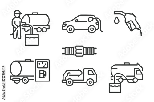 Fuel Delivery Icons. Outline icon set of fuel delivery process: loading, fueling, fueling nozzle, fuel meter, hose connection, truck arrival, truck departure,