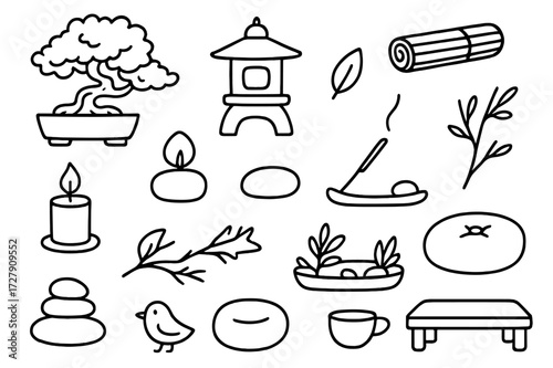 Zen Doodle Decor. Hand-drawn doodle illustration [zen-inspired biophilic decor] [bonsai tree, stone lantern, bamboo mat, candle, smooth pebble, incense holder,