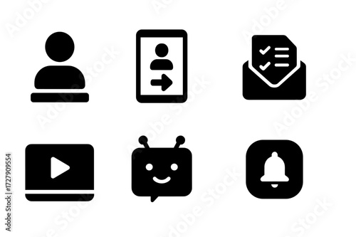 Digital Onboarding Icons. Solid, filled icon set of digital introductions: user profile, login screen, onboarding checklist, welcome email, tutorial video,