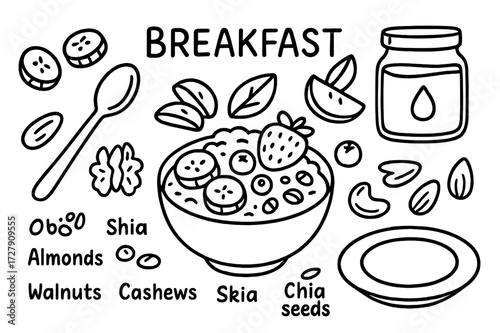 Breakfast Doodle Elements. Hand-drawn doodle illustration breakfast with nuts and fruits bowl, oatmeal, spoon, banana slices, apple slices, strawberry,