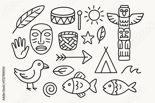 Indigenous Symbol Doodles. Hand-drawn doodle illustration Indigenous heritage feather, drum, totem pole, mask, sun, star, spiral, leaf, handprint, basket,