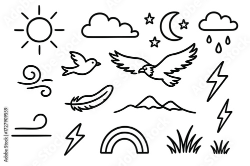 Steppe Sky Doodles. Hand-drawn doodle illustration steppe sky sun, cloud, crescent moon, stars, bird, eagle, horizon line, wind swirl, feather, mountain