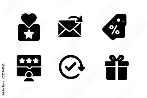 Customer Retention Icons. Solid, filled icon set of customer retention: loyalty program, re-engagement email, subscription, discount offer, feedback request,