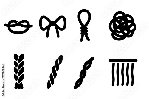 String Shape Icons. Solid, filled icon set of string shapes: knot, bow, loop, coil, tangle, braid, twist, fringe. [Line icons in only black color. All icons