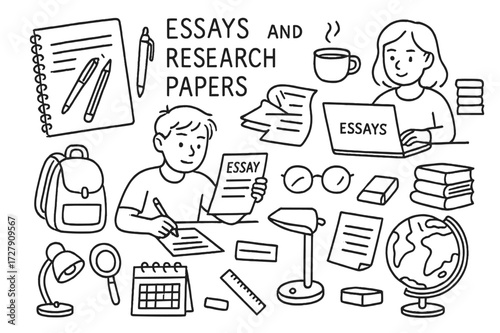 School Supplies Doodle. Hand-drawn doodle illustration [Students writing essays and research papers] [notebook, pen, pencil, laptop, coffee cup, books,