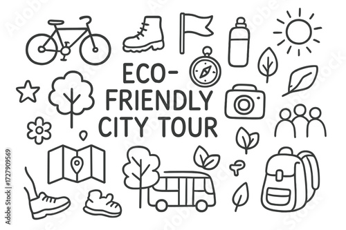 Eco-Friendly City Exploration. Hand-drawn doodle illustration eco-friendly city tour bicycle, walking shoes, bus, map, compass, water bottle, tree, sun, leaf,