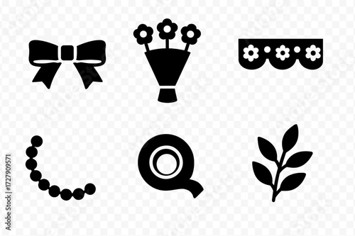 Floral Accessories Icons. Solid, filled icon set of floral accessories: satin ribbon, decorative pins, bouquet wrap, lace trim, pearl string, floral tape, bow