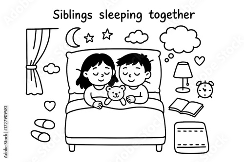 Siblings' Dreamy Night. Hand-drawn doodle illustration Siblings sleeping together [two children in bed, pillows, blankets, teddy bear, moon, stars, cloud,