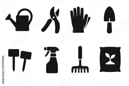 Herb Garden Tools Icons. Solid, filled icon set of herb garden tools: watering can, pruning shears, garden gloves, trowel, plant labels, spray bottle, rake,