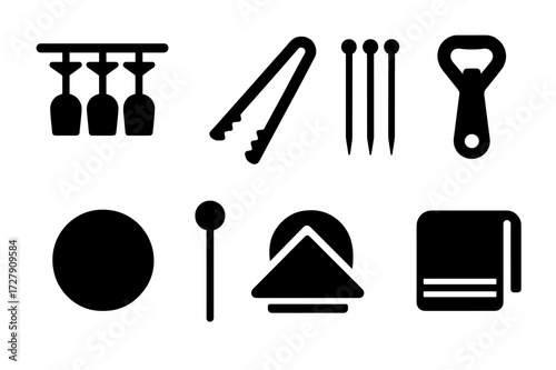 Spritz Bar Tools Icons. Solid, filled icon set of spritz bar tools and accessories: glass rack, ice tongs, cocktail picks, bottle opener, coaster, stir stick,