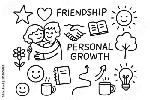 Friendship and Growth Doodles. Hand-drawn doodle illustration Friendship and personal growth [two friends hugging, handshake, heart, star, book, sun, tree,
