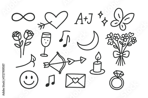 Romantic Doodle Collection. Hand-drawn doodle illustration Romantic Symbols infinity sign, heart with arrow, intertwined initials, butterfly, star sparkles,