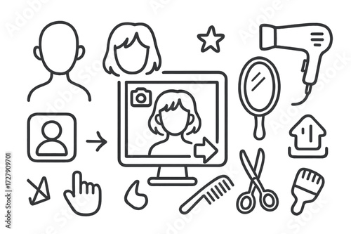 Virtual Hair Styling Icons. Hand-drawn doodle illustration [virtual hair styling preview] [face outline, hairstyle option, camera icon, screen, arrow button,
