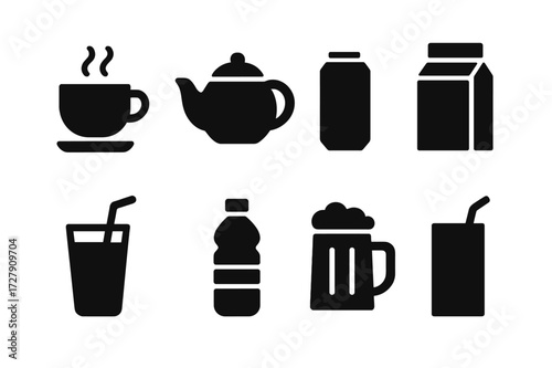 Beverage Icon Grid. Solid, filled icon set of feast beverages: coffee cup, tea pot, soda can, milk carton, smoothie glass, water bottle, beer stein, juice box.