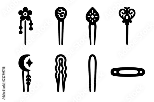 Cultural Hairpin Icons. Solid, filled icon set of hairpin cultural styles: Japanese kanzashi, Chinese hairpin, Indian hairpin, Victorian hairpin, Bohemian