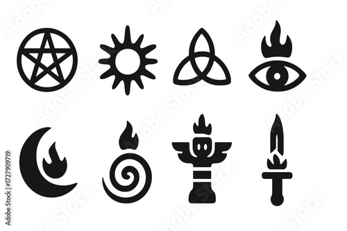 Spiritual Symbols Icon Set. Solid, filled icon set of fire ritual spiritual symbols: pentagram, sun symbol, triquetra, fire eye, crescent flame, sacred spiral,