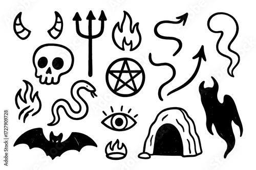 Devilish Doodle Icons. Hand-drawn doodle illustration Devilish Symbols horns, pitchfork, fire, tail, inverted pentagram, skull, snake, claw, fang, eye, flame