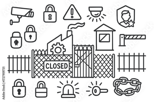 Factory Security Icons. Hand-drawn doodle illustration [Security at closed factory] [camera, padlock, gate, badge icon, warning sign, motion sensor, barrier