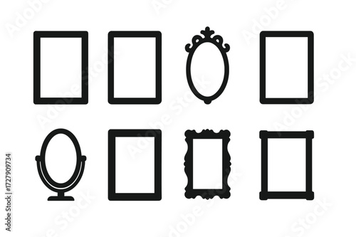 Mirror Frame Icons. Solid, filled icon set of mirror frames: wooden frame, metal frame, ornate frame, minimalist frame, vintage frame, modern frame, gilded
