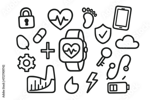 Wearable Health Tech Icons. Hand-drawn doodle illustration wearable health tech smartwatch, heart, steps icon, lock, shield, smartphone, pill, cross, gear,