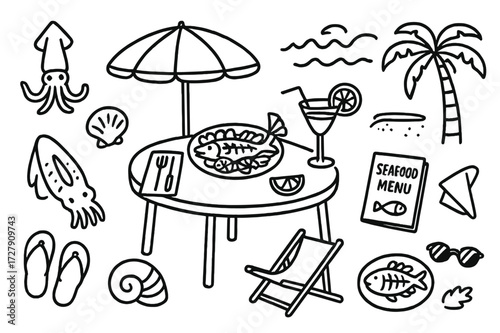 Beachside Seafood Sketch. Hand-drawn doodle illustration [Beachside seafood dining] [sun umbrella, seafood platter, cocktail, lemon wedge, squid, waves, palm