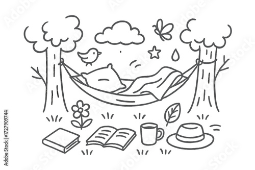 Lazy Afternoon Doodles. Hand-drawn doodle illustration Lazy afternoon rest [hammock, pillow, blanket, tree, cloud, bird, butterfly, flower, leaf, book, mug,