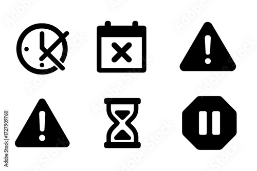 Overdue Icons Set. Solid, filled icon set of overdue deadline: crossed clock, calendar with X, red alert, expired stamp, warning sign, hourglass empty, stop