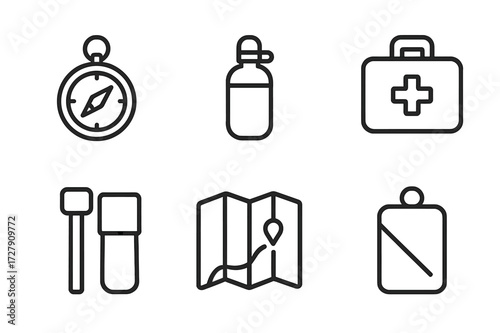 Airborne Survival Icons. Outline icon set of airborne survival gear: compass, survival knife, water bottle, first aid kit, fire starter, emergency blanket,
