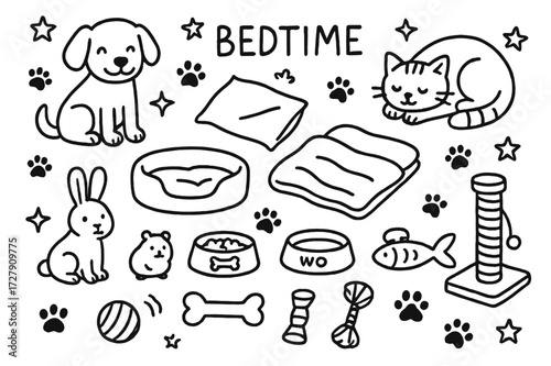 Pet Bedtime Doodle. Hand-drawn doodle illustration bedtime with multiple pets dog, cat, rabbit, hamster, pet bed, blanket, pillow, food bowl, water dish, toy