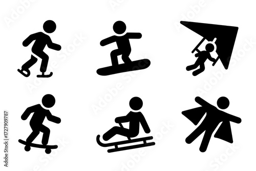 Glide Activities Icons. Solid, filled icon set of glide activities: ice skating, snowboarding, surfing, hang gliding, skateboarding, sledding, skiing, wingsuit