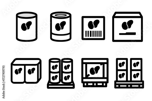 Canned Beans Icon Set. Solid, filled icon set of canned beans packaging: metal can, label sticker, safety seal, barcode, box carton, shrink wrap, pallet,