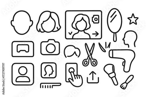 Virtual Hair Styling Icons. Hand-drawn doodle illustration [virtual hair styling preview] [face outline, hairstyle option, camera icon, screen, arrow button,
